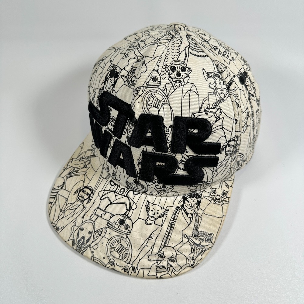 Star Wars Snapback Hat Mens Cream Character All Over Print Big Logo Embroidered